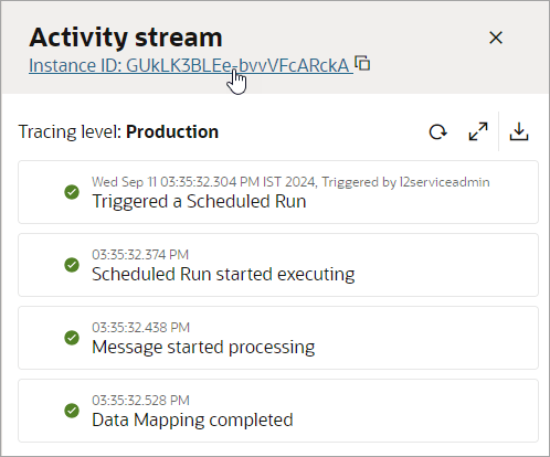 The integration's instance ID appears at the top of the Activity stream panel