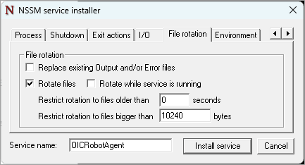 Sample values for the File rotation tab: Rotate files is selected, and the value for Restrict rotation to files bigger than is 10240.