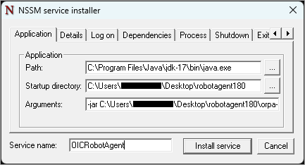 Sample values for the Application tab. Path: C:\Program Files\Java\jdk-17\bin\java.exe. Startup directory: C:\Users\username\Desktop\robotagent180. Arguments: -jar C:\Users\username\Desktop\robotagent180\orpa-agent-0.1.80.jar. Service name: