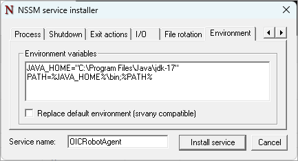 Sample value for the Environment tab: JAVA_HOME="C:\Program Files\Java\jdk-17" PATH=%JAVA_HOME%\bin;%PATH%