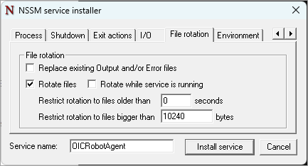 Sample values for the File rotation tab: Rotate files is selected, and the value for Restrict rotation to files bigger than is 10240.