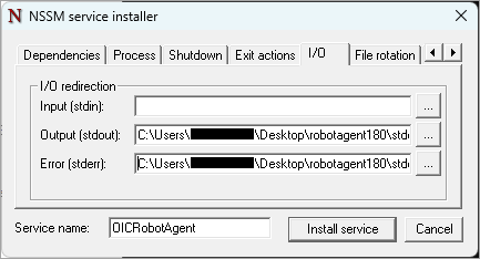 Sample values for the I/O tab. Output (stdout): C:\Users\username\Desktop\robotagent180\stdout. Error (stderr): C:\Users\username\Desktop\robotagent180\stderr