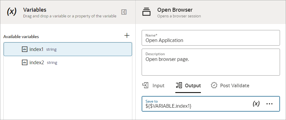 For the first open browser action, the output is set to the index1 variable.