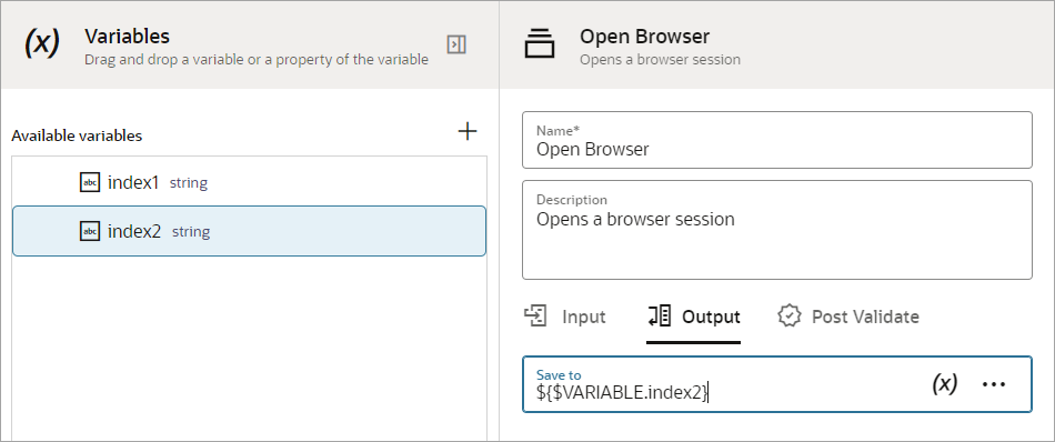 For the first open browser action, the output is set to the index2 variable.