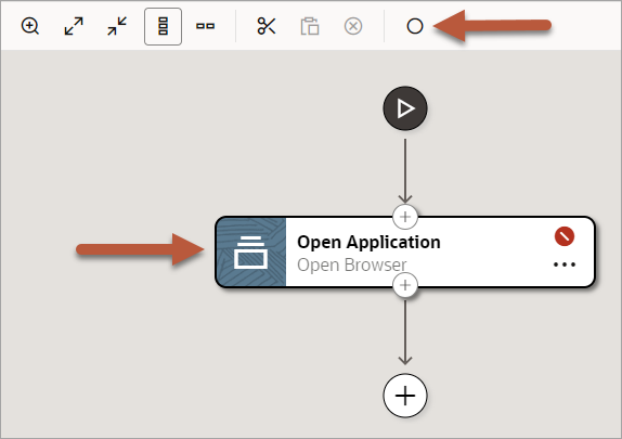 The canvas contains an Open Application action, which is selected. The Record after selected action button is enabled. Arrows point to the enabled button and the selected action.