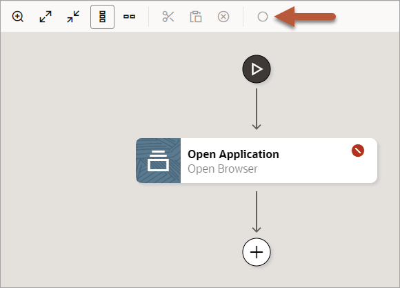 The canvas contains an Open Application action, which isn't selected. The Record after selected action button is grayed out on the toolbar. An arrow points to the grayed out button. The canvas contains an Open Application action, which isn't selected. The Record after selected action button is grayed out on the toolbar. An arrow points to the grayed out button.