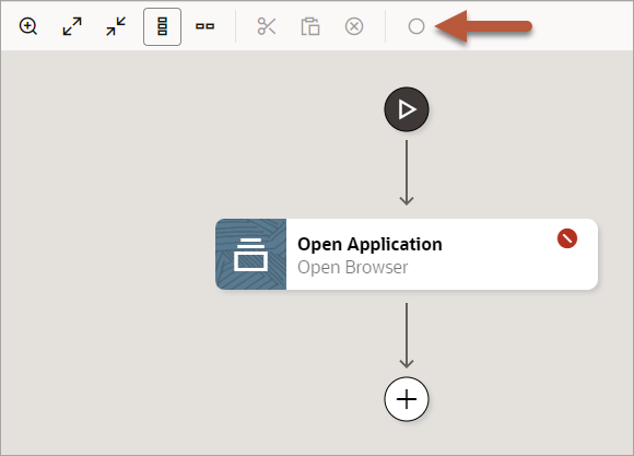 The canvas contains an Open Application action, which isn't selected. The Record after selected action button is grayed out on the toolbar. An arrow points to the grayed out button.