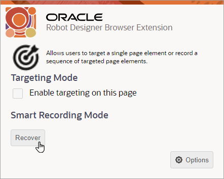 In the Robot Designer Browser Extension window, a mouse cursor points to the Recover button, which appears below the Smart Recording Mode heading.