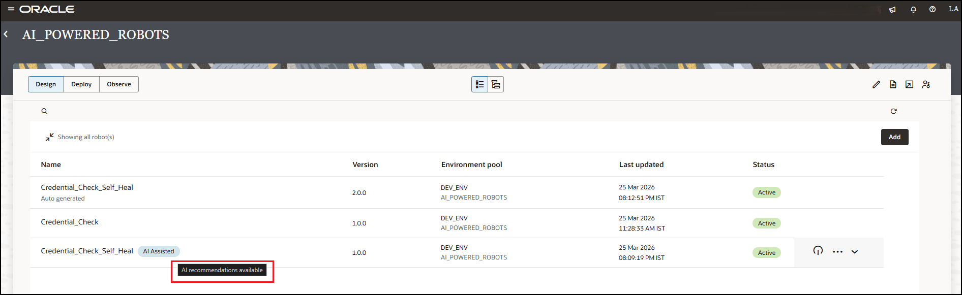AI-assisted self-heal robot with AI recommendations