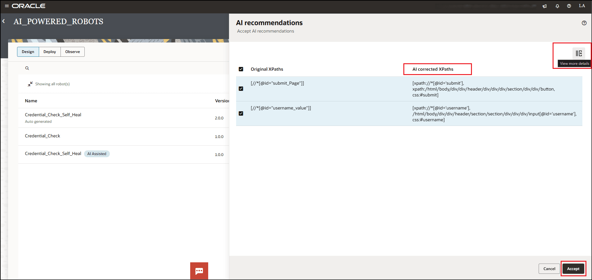 Review the Original XPaths and AI corrected XPaths