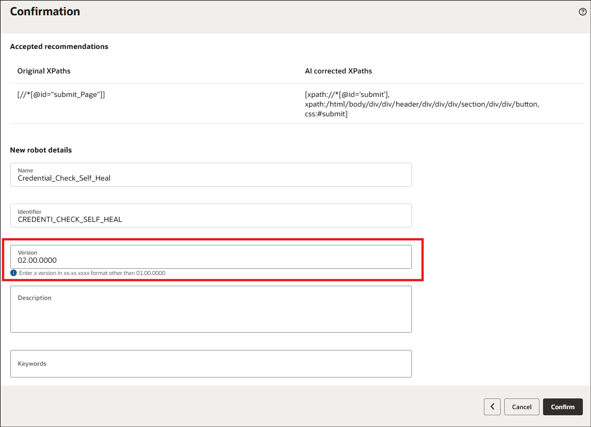 Accept AI recommendations and create a new robot version
