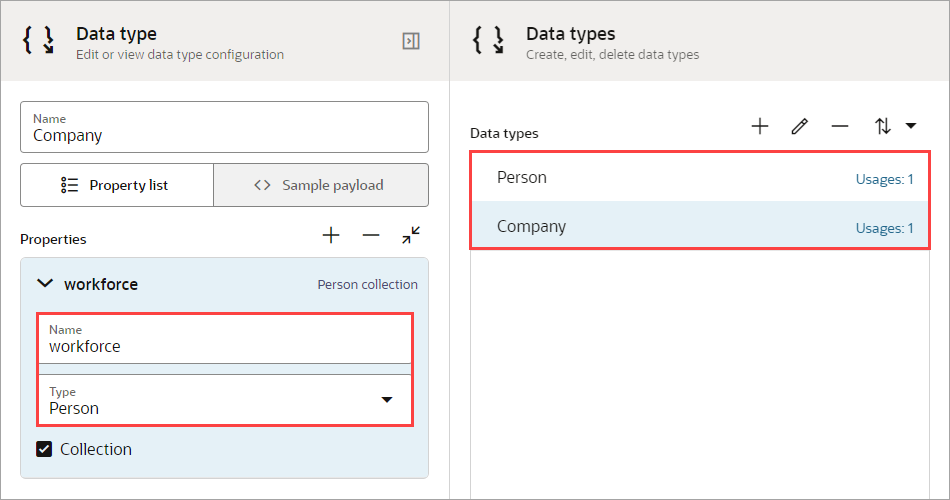 Two data types appear: Person and Company. The Company data type has a property of workforce, which is of the data type Person.