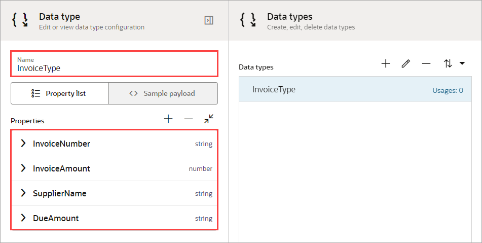 A data type named InvoiceType contains the following properties: InvoiceNumber, InvoiceAmount, SupplierName, and DueAmount.