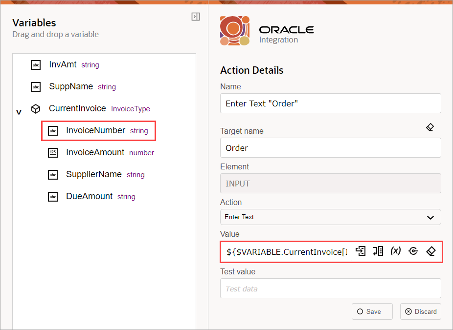 In the recorder, the following text appears in the Value field: ${$VARIABLE.CurrentInvoice[InvoiceNumber]}