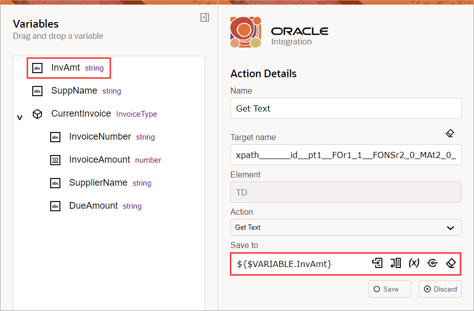 For the get text action, on the Output tab, the Save to value is ${$VARIABLE.InvAmt}