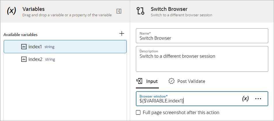 For a switch browser action, the Browser window field is set to the index1 variable