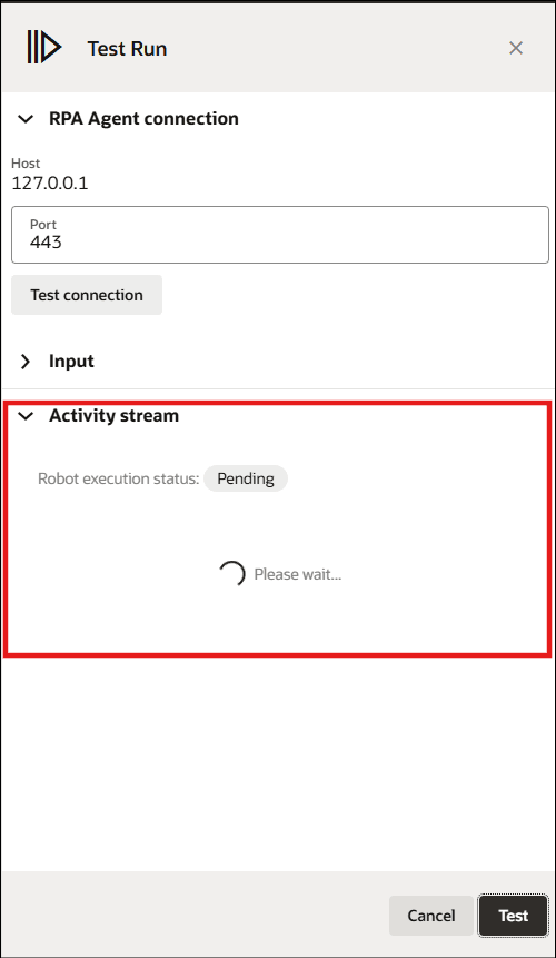Activity stream displays the robot execution status details