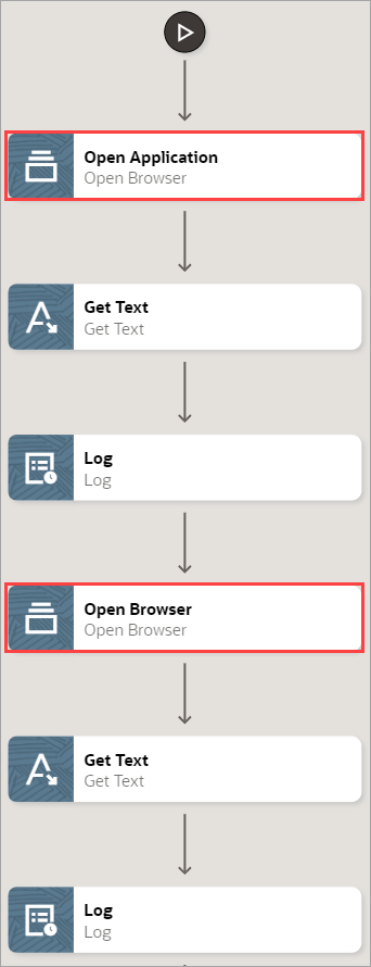 A robot contains 6 actions: open browser, get text, log, open browser, get text, and log.