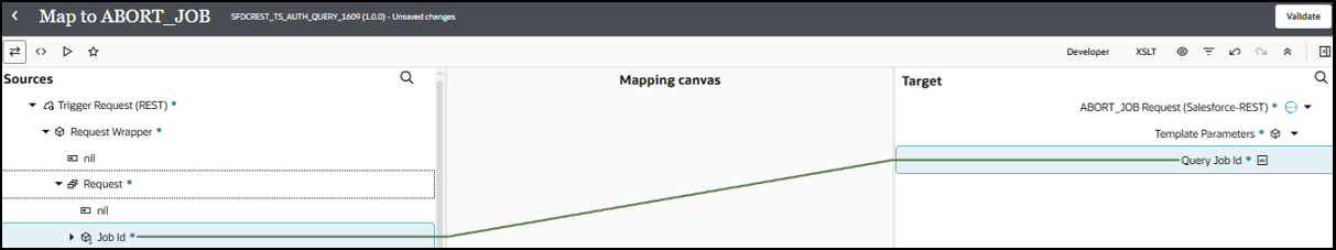The Sources, Mapping canvas, and Target sections are shown. The Job Id is mapped to the Query Job Id.