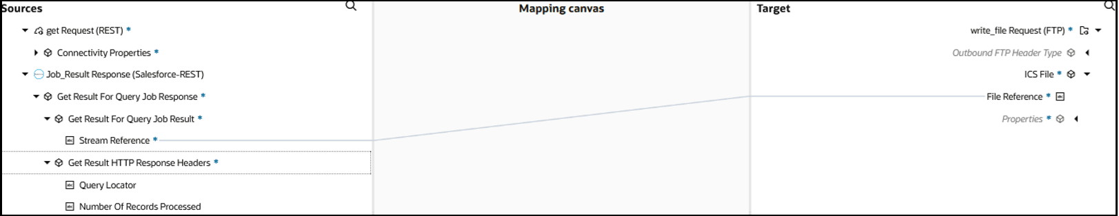 The Sources, Mapping canvas, and Target sections are shown. The source Stream Reference element is mapped to the target File Reference field. The Sources, Mapping canvas, and Target sections are shown. The source Stream Reference element is mapped to the target File Reference field.