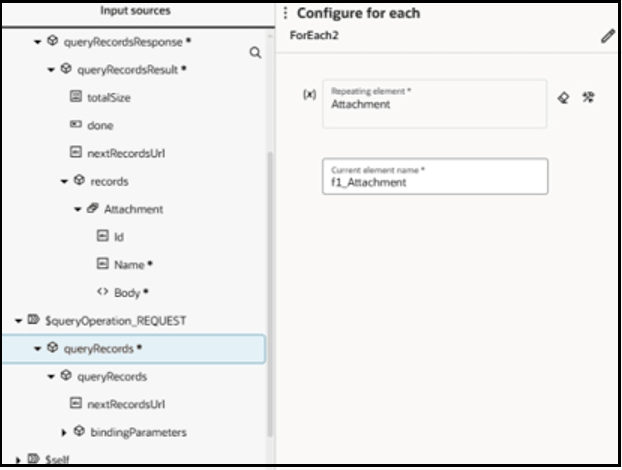 The Input sources hierarchy is shown. The queryRecords element is selected. On the right is the Configure for each section. The Repeating element field is shown with a value of Attachment. The Current element name field is shown with a value of f1_Attachment. The Input sources hierarchy is shown. The queryRecords element is selected. On the right is the Configure for each section. The Repeating element field is shown with a value of Attachment. The Current element name field is shown with a value of f1_Attachment.