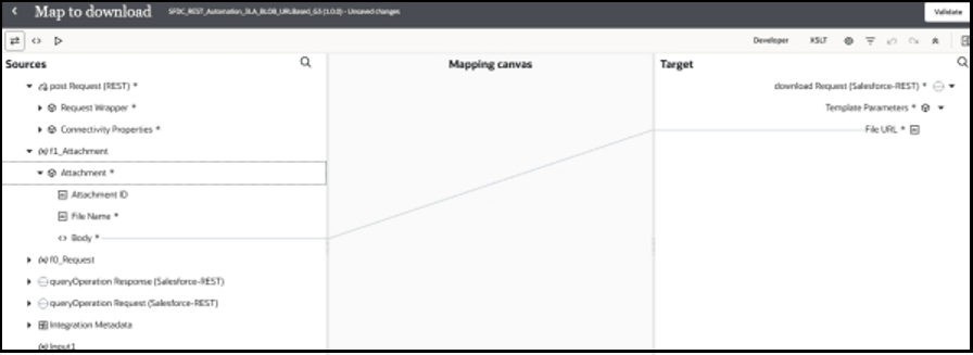 The Sources, Mapping canvas, and Target sections are shown. The source element Body is mapped to the target element File URL. The Sources, Mapping canvas, and Target sections are shown. The source element Body is mapped to the target element File URL.