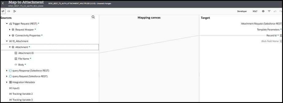 The Sources, Mapping canvas, and Target sections are shown. The source element Attachment ID is mapped to the target element Record Id. The Sources, Mapping canvas, and Target sections are shown. The source element Attachment ID is mapped to the target element Record Id.