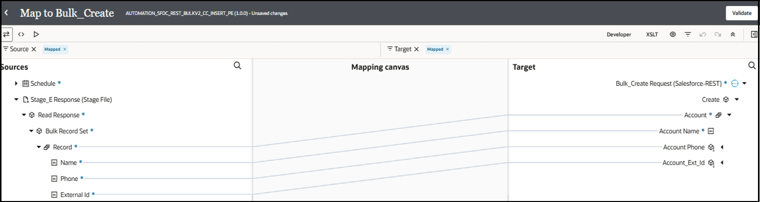 The Sources, Mapping canvas, and Target sections are shown. The source Bulk Record Set subelements are mapped to the target Account subelements. The Sources, Mapping canvas, and Target sections are shown. The source Bulk Record Set subelements are mapped to the target Account subelements.