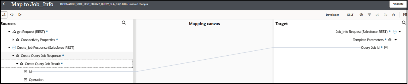 The Sources, Mapping canvas, and Target sections are shown. The source id is mapped to the Query Job id field. The Sources, Mapping canvas, and Target sections are shown. The source id is mapped to the Query Job id field.