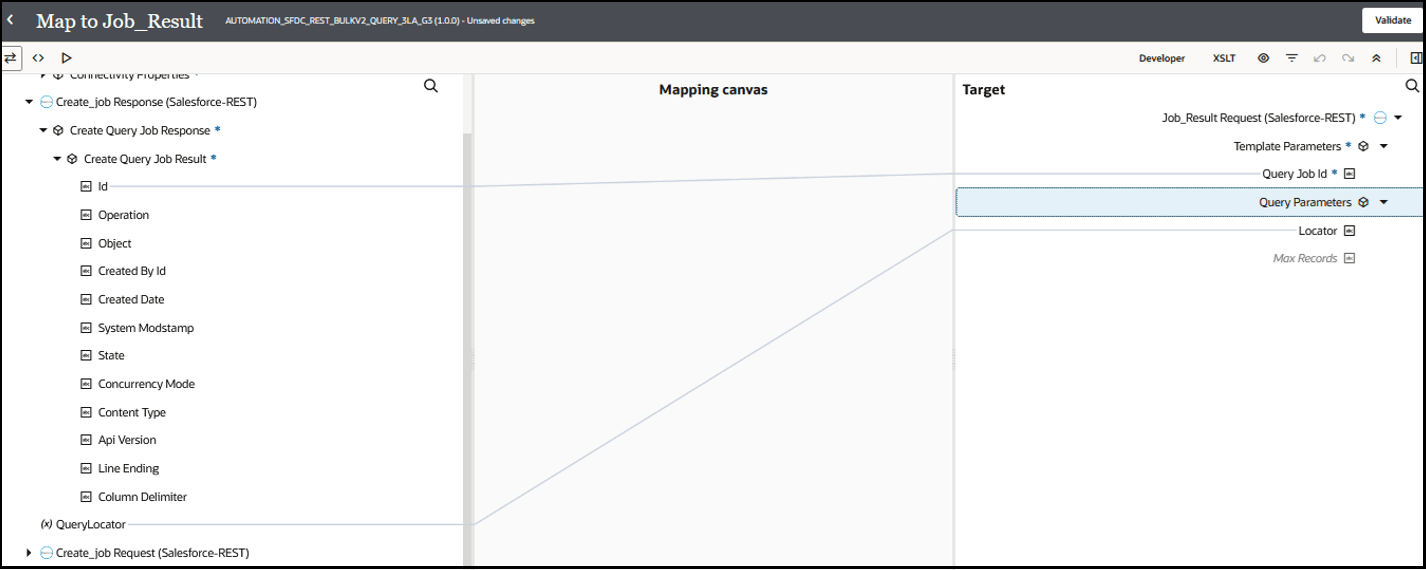 The Sources, Mapping canvas, and Target sections are shown. The source id element is mapped to the target Query Job id element. The source QueryLocator is mapped to the target Query Parameters field. The Sources, Mapping canvas, and Target sections are shown. The source id element is mapped to the target Query Job id element. The source QueryLocator is mapped to the target Query Parameters field.
