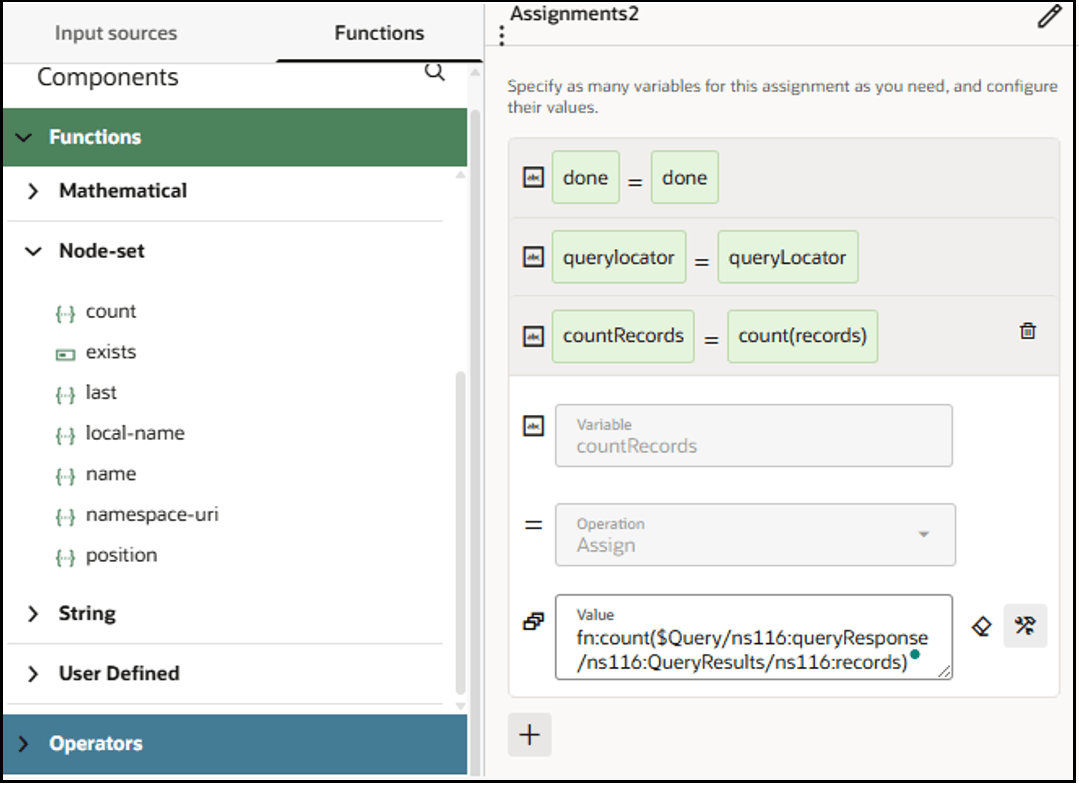 On the left side is the Functions section. Below this is the Source element tree. The records source element is mapped to the Expression field. The value of countRecords is mapped to the value of count(records).