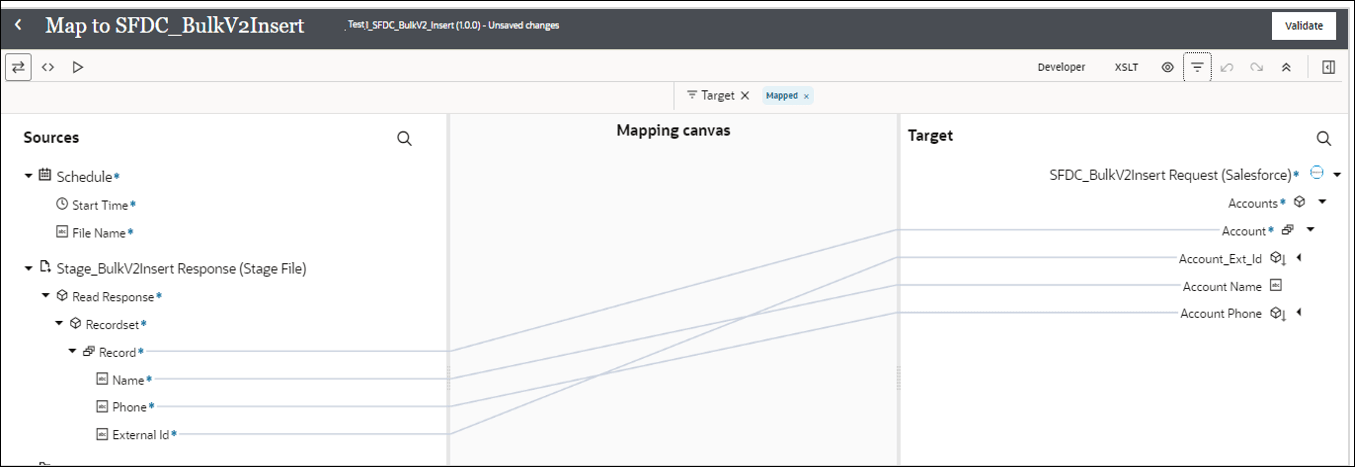 The mapper shows Record, Name, Phone, and External Id in the Source tree mapped to Account, Account_Ext_Id, Account Name, and Account Phone, respectively in the Target tree. In the middle is the Mapping canvas column. The mapper shows Record, Name, Phone, and External Id in the Source tree mapped to Account, Account_Ext_Id, Account Name, and Account Phone, respectively in the Target tree. In the middle is the Mapping canvas column.