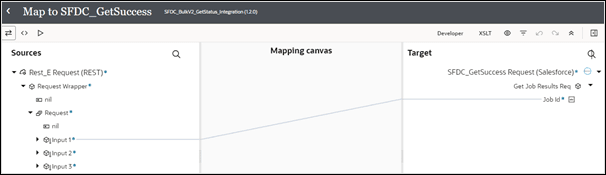 The mapper shows Request 1 in the Source tree mapped to Job Id in the Target tree. In the middle is the Mapping canvas column.