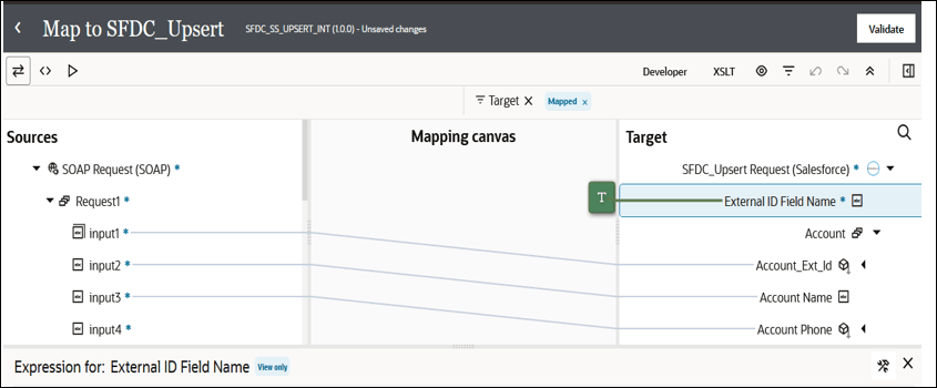 The mapper shows Designer, Code, Test, and Recommend tabs. To the right are the Developer, XSLT, View, Filter, and four links. Below is the Sources, Mapping Canvas, and Target sections. Below this is the Expression Builder section. The actual source-to-target mappings are described above the image.
