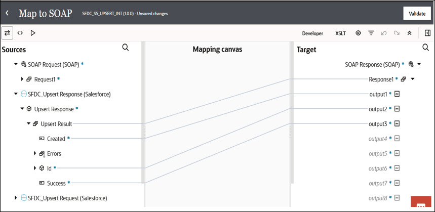 The mapper shows Close and Validate buttons in the upper right. Below at the lower left are the Designer, Code, Test, and Recommend tabs. To the right are the Developer, XSLT, View, Filter, and four links. Below is the Sources, Mapping Canvas, and Target sections. Below this is the Expression Builder section. The actual source-to-target mappings are described above the image.