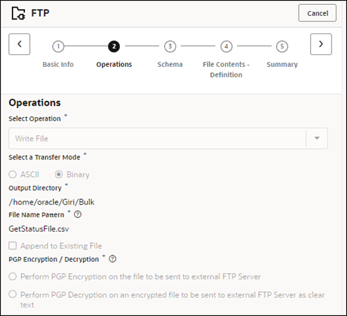 The Operations page for FTP shows a Cancel button at the top. Below is the list of pages that the adapter wizard follows: Basic Info, Actions, Operations, Schema, File Contents - Definition, and Summary. Below are the fields Select an operation list, Select a Transfer Mode (selections for ASCII and Binary), Output Directory, File Name Pattern, Append to Existing File, and PGP Encryption / Description.