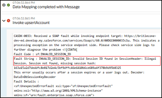 The activity stream is expanded to show an error on the invoke connection. The error says: Invalid Session ID found in SessionHeader.