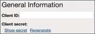 The General Information section shows fields for Client ID and Client secret. Below this are links for Show secret and Regenerate.