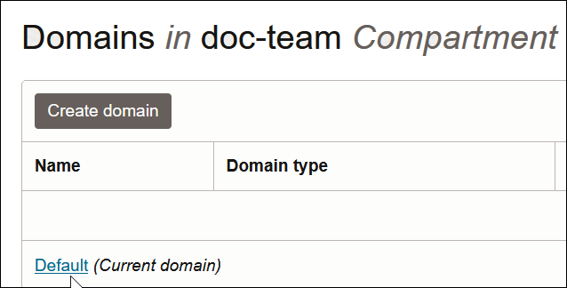 The Domains page shows a Create domain button and the following two columns of a table: Name and Domain type.