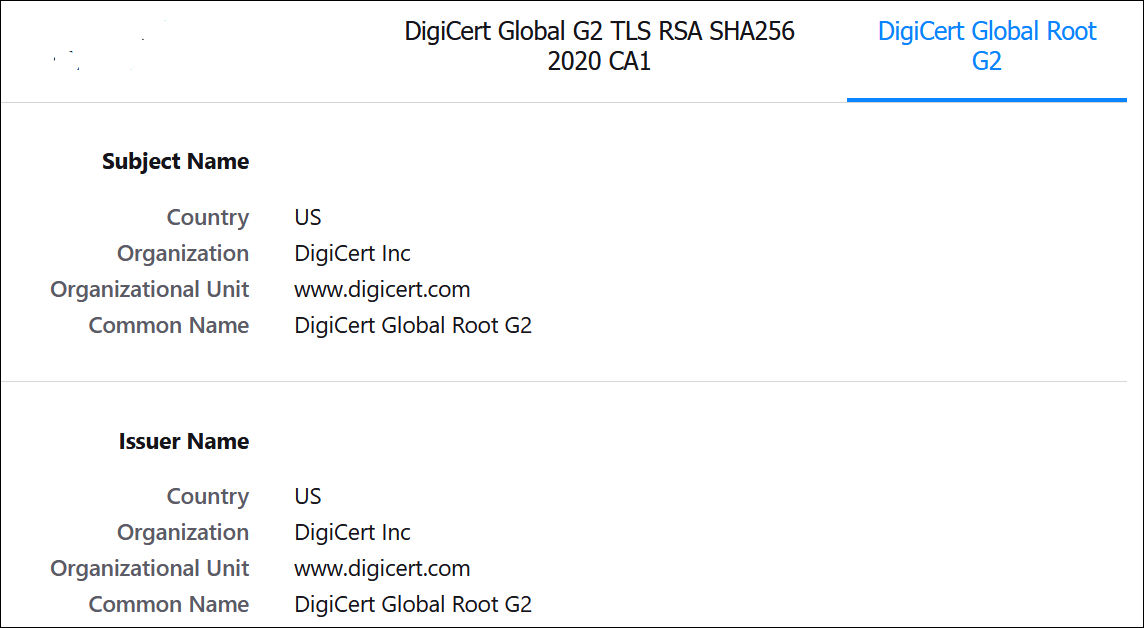 The DigiCert Global G2 TLS RSA SHA256 2020 CA1 and DigiCert Global Root G2 certificates. Below is the Subject Name section, which includes the Country, Organization, Organizational Unit, and Common Name details. Below is the Issuer Name section, which includes the Country, Organization, Organizational Unit, and Common Name details.