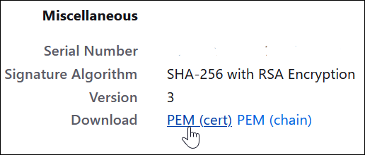 The Miscellaneous section shows the Serial Number, Signature Algorithm, Version, and Download details. The PEM (cert) link in the Download section is being selected.