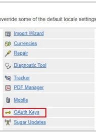 The list shows Import Wizard, Currencies, Repair, Diagnostic Tool, Tracker, PDF Manager, Mobile, OAuth Keys, and Sugar Updates.