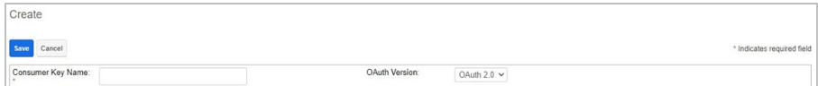 The Create dialog shows the Save (which is selected) and Cancel tabs. Below are fields for Consumer Key Name and OAuth Version, which includes a selected value of OAuth 2.0.