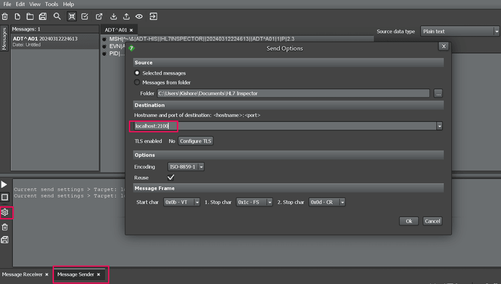 This image shows the send options in a HL7 Simulator window.