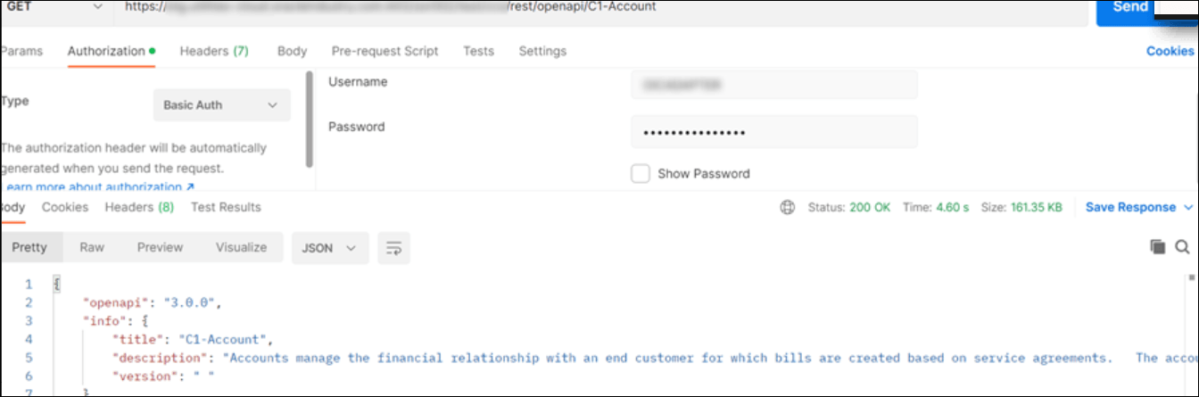 The image shows the GET operation, the API, and Send button at the top. Below this are the Params, Authorization, Headers, Body, Pre-request Script, Tests, and Settings tabs. Below this is the Type list, which shows Basic Auth selected. To the right are the Username and Password fields and Show Password check box. Below this are tabs for Body, Cookies, Headers, and Test Results. Below this are tabs for Pretty, Raw, Preview, and Visualize. JSON is selected from a list. Below this is each row of the code.