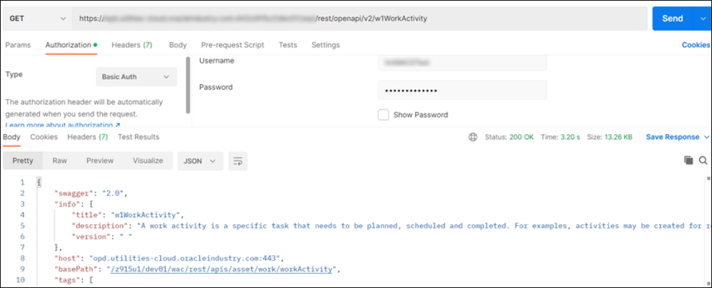 The image shows the GET operation, the API, and Send button at the top. Below this are the Params, Authorization, Headers, Body, Pre-request Script, Tests, and Settings tabs. Below this is the Type list, which shows Basic Auth selected. To the right are the Username and Password fields and Show Password check box. Below this are tabs for Body, Cookies, Headers, and Test Results. Below this are tabs for Pretty, Raw, Preview, and Visualize. JSON is selected from a list. Below this is each row of the code.