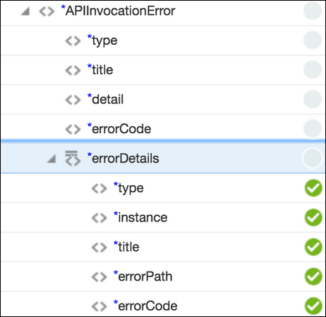 The APIInvocationError element is expanded to show the errorDetails element, which includes selections for type, instance, title, errorPath, and errorCode.