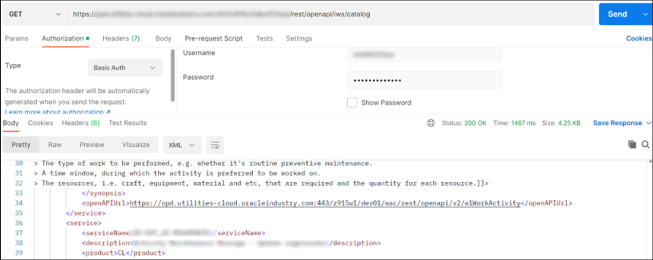 The image shows the GET operation, the API, and Send button at the top. Below this are the Params, Authorization, Headers, Body, Pre-request Script, Tests, and Settings tabs. Below this is the Type list, which shows Basic Auth selected. To the right are the Username and Password fields and Show Password check box. Below this are tabs for Body, Cookies, Headers, and Test Results. Below this are tabs for Pretty, Raw, Preview, and Visualize. JSON is selected from a list. Below this is each row of the code.