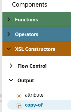 The Components list shows entries for Functions, Operators, and XSL Constructors. XSL Constructors is expanded to show Flow Control and Output. Output is expanded to show attribute and copy-of.