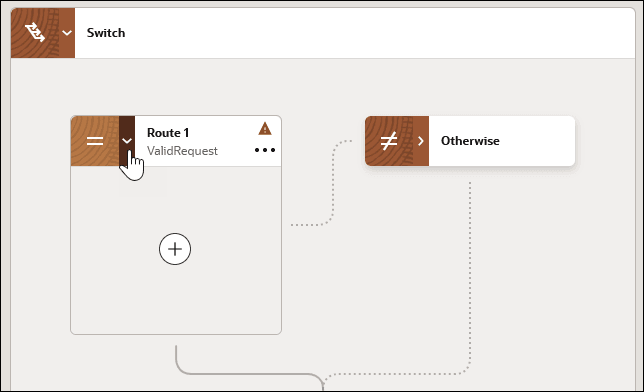 The switch action shows two branches: Route1 and Otherwise. The collapse icon in Route1 is being selected.